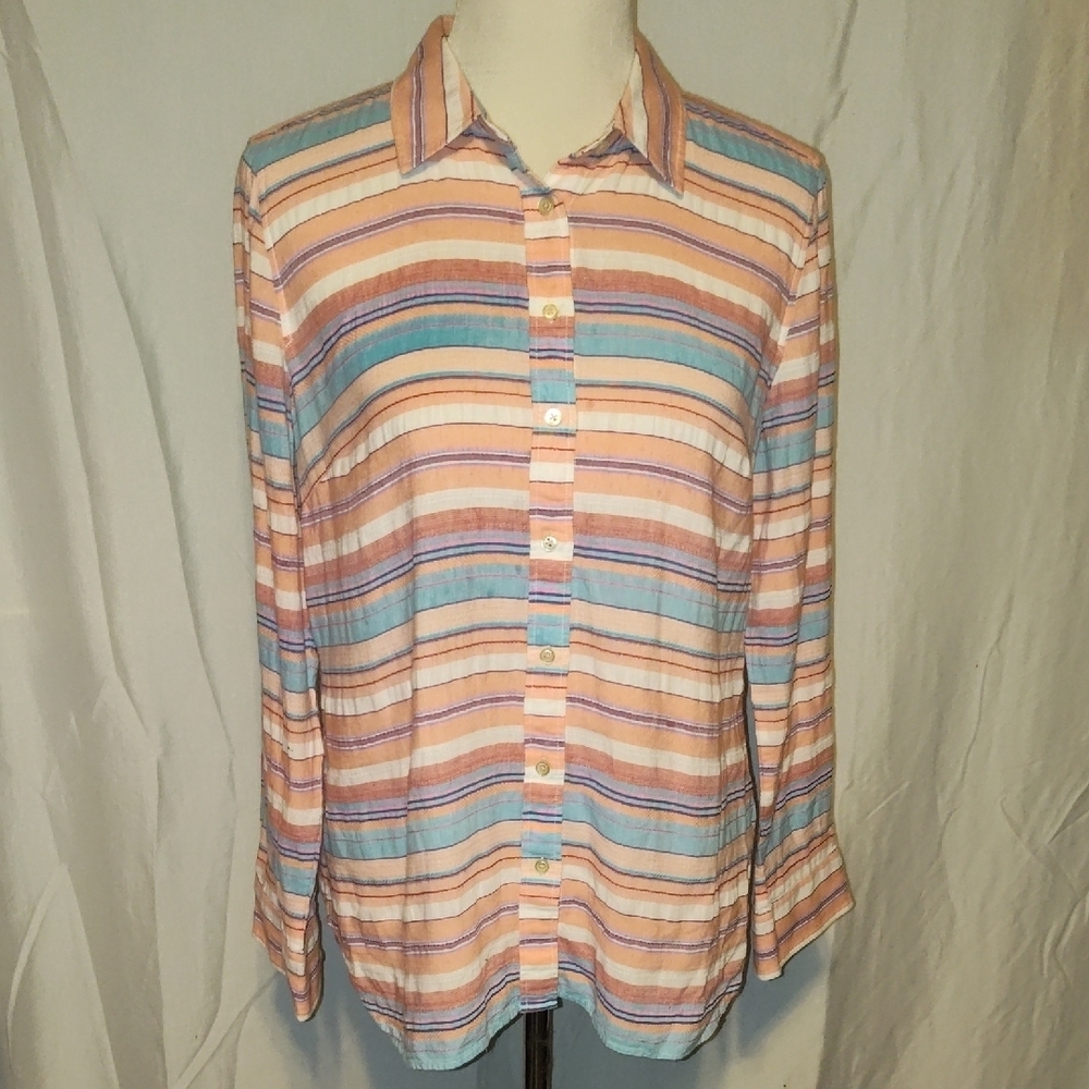 Talbots Womens Pastel Blue/Pink  Striped Cotton Long Sleeve Button-Up Shirt Med